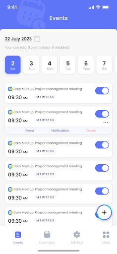 NextTimer events list screen
